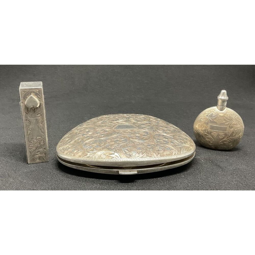 Antique Victorian Sterling Silver Mirrored Compact, Lipstick, Perfume 240 grams